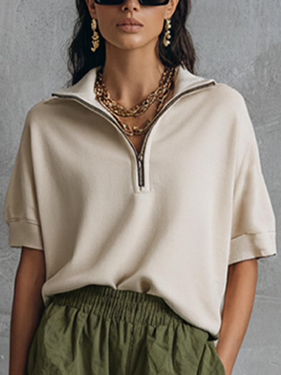 Women's Casual Off-White Knit Cotton Blend Half-Zip Short-Sleeved Top And Army Green Cotton Linen Ruffled Shorts Set MDZ1759F8GMJ