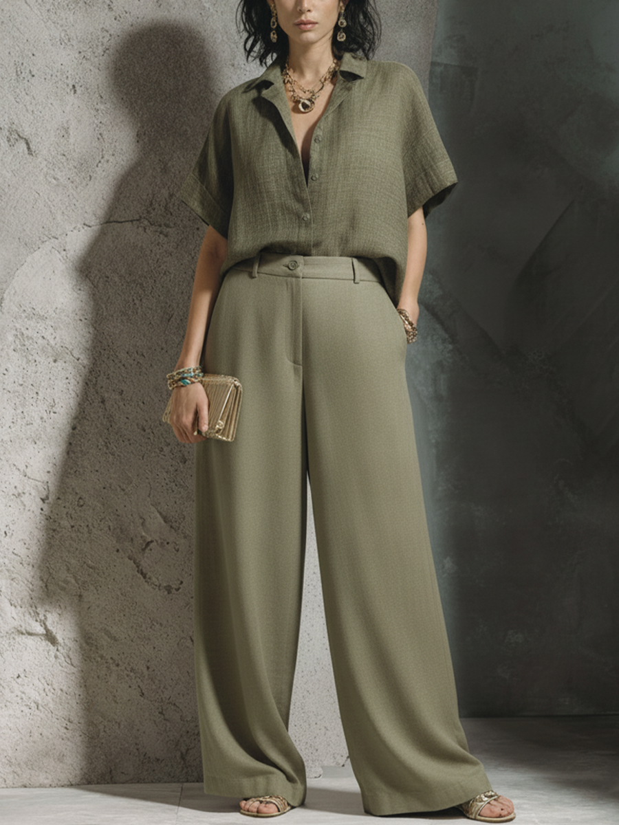 Women's Relaxed-Fit Army Green Cotton-Linen Collared Short-Sleeve Shirt And High-Waisted Wide-Leg Cotton-Blend Trouser Set MDZ1745F8GMJ