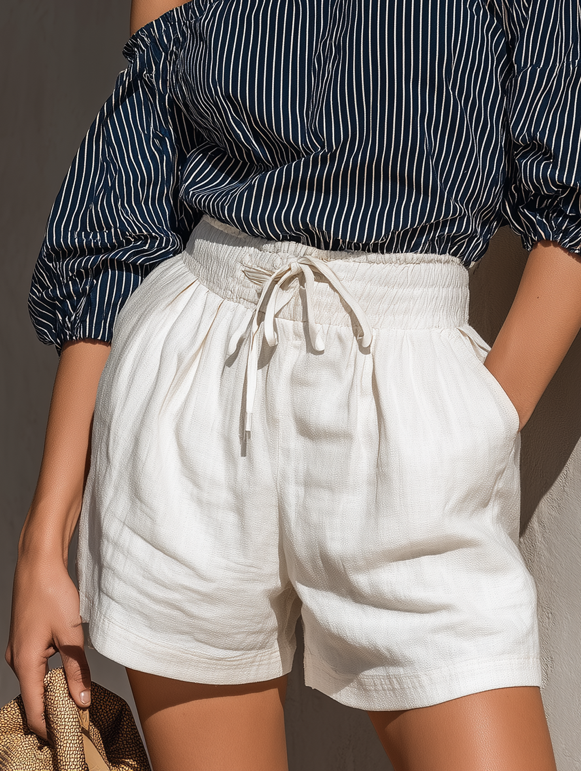 Women's Casual Striped Off-Shoulder Short-Sleeve Blouse And Drawstring Shorts Set MDZ1853F3WY