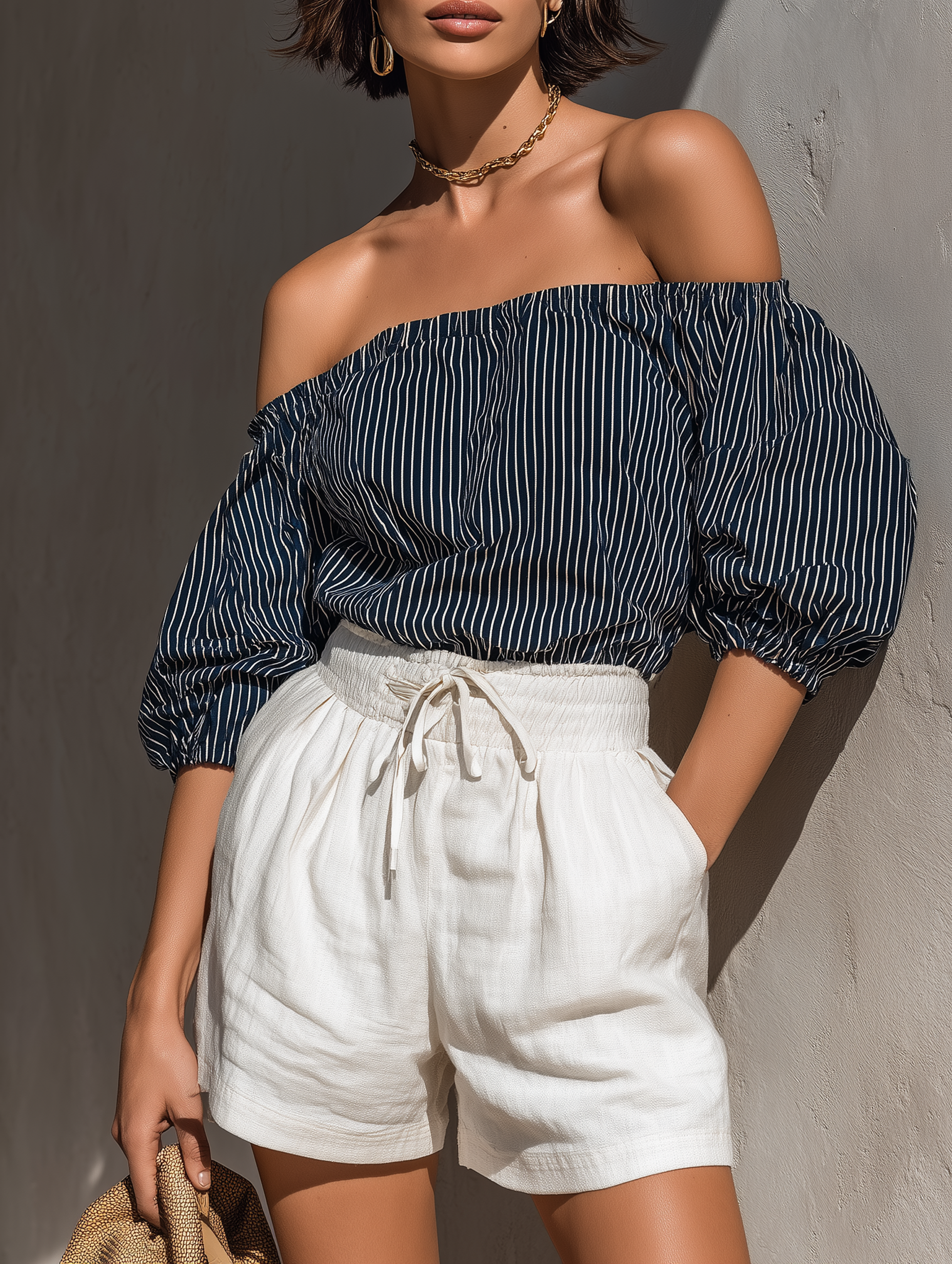 Women's Casual Striped Off-Shoulder Short-Sleeve Blouse And Drawstring Shorts Set MDZ1853F3WY