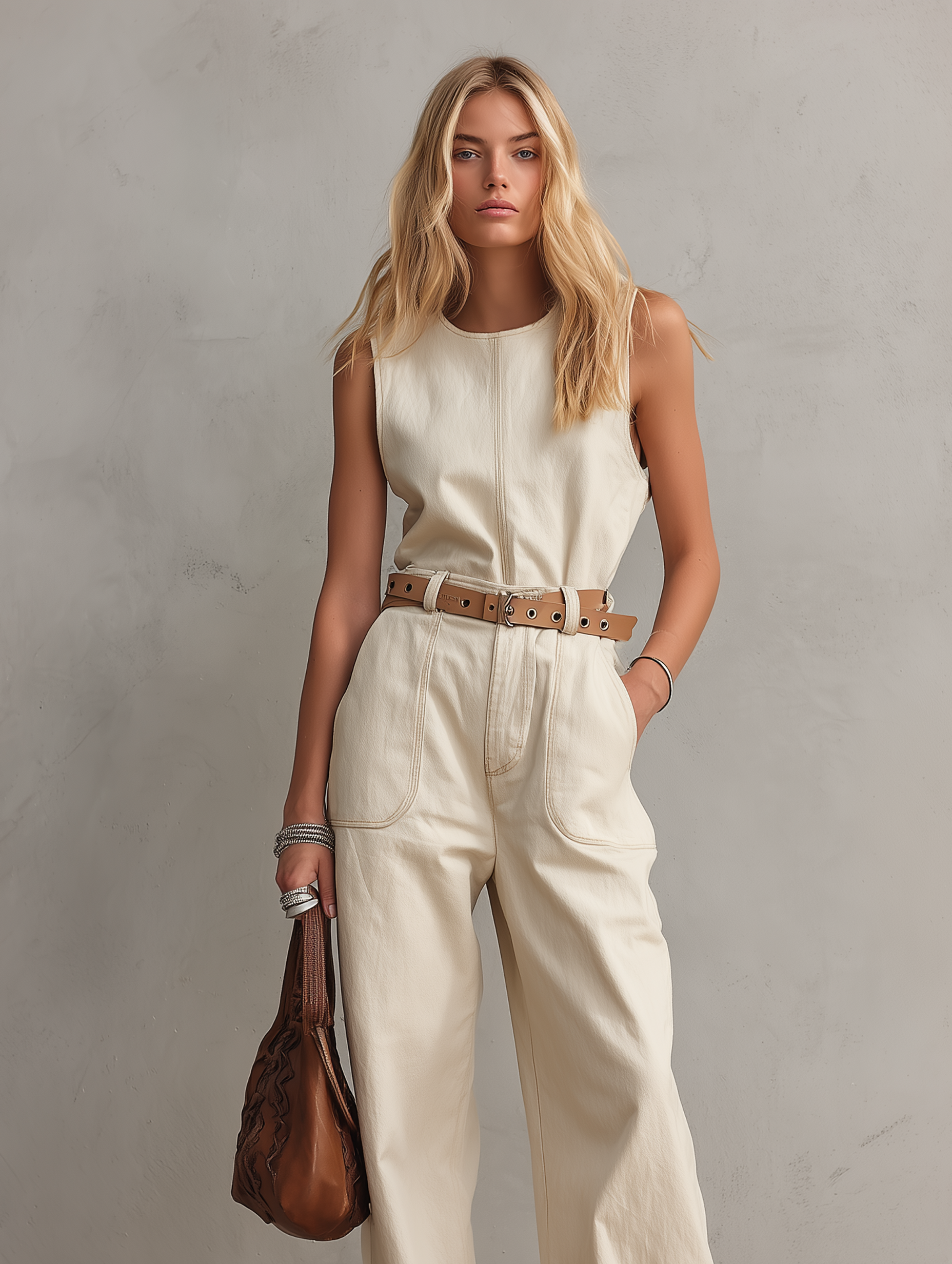 Women's Casual Beige Woven Sleeveless Jumpsuit With Crew Neck (Belt Not Included) MDZ1858F9LXY