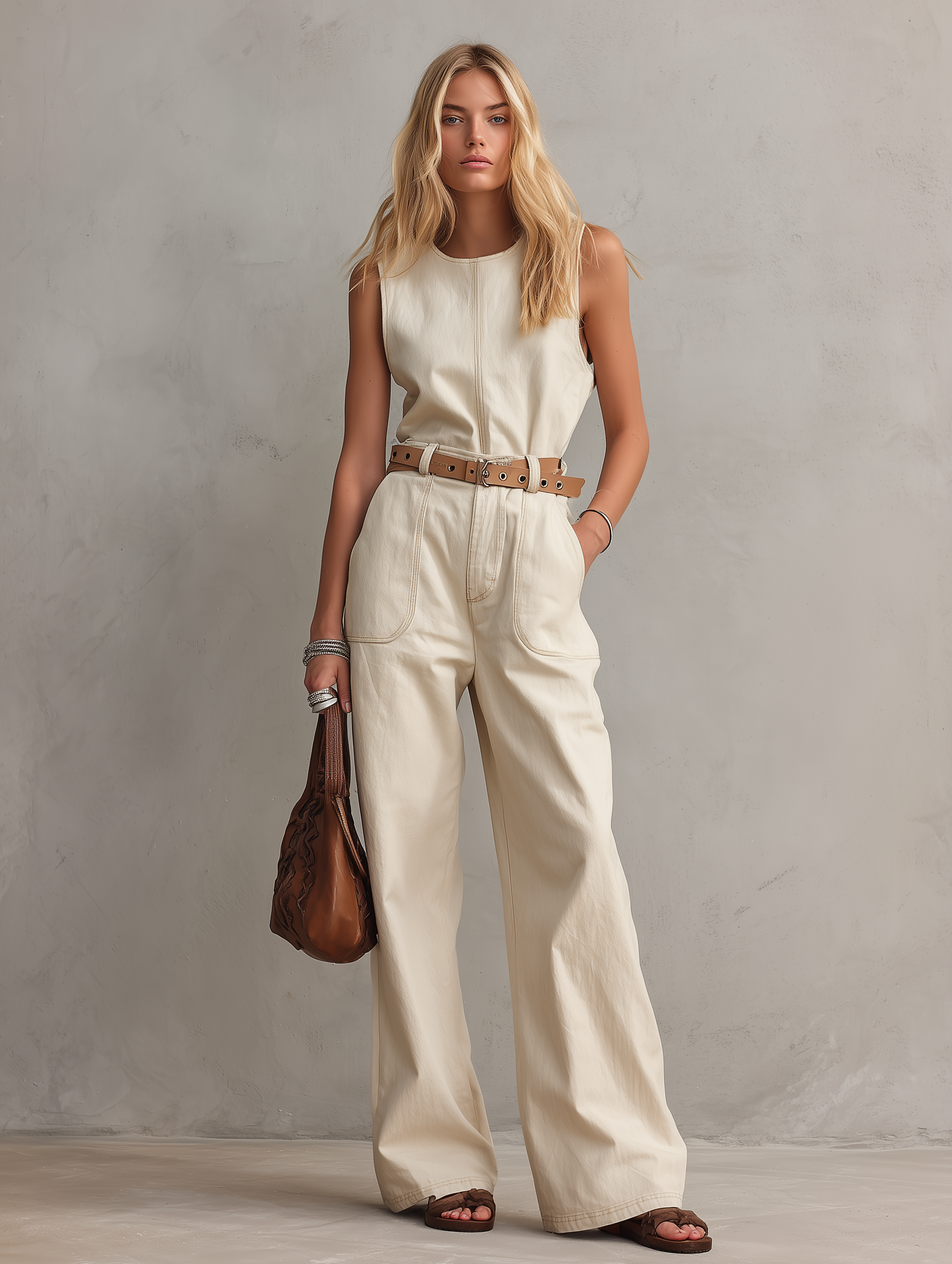 Women's Casual Beige Woven Sleeveless Jumpsuit With Crew Neck (Belt Not Included) MDZ1858F9LXY
