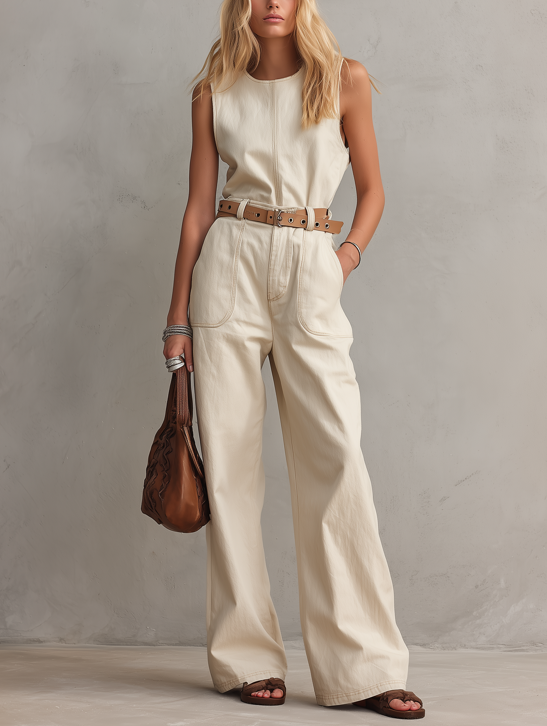 Women's Casual Beige Woven Sleeveless Jumpsuit With Crew Neck (Belt Not Included) MDZ1858F9LXY