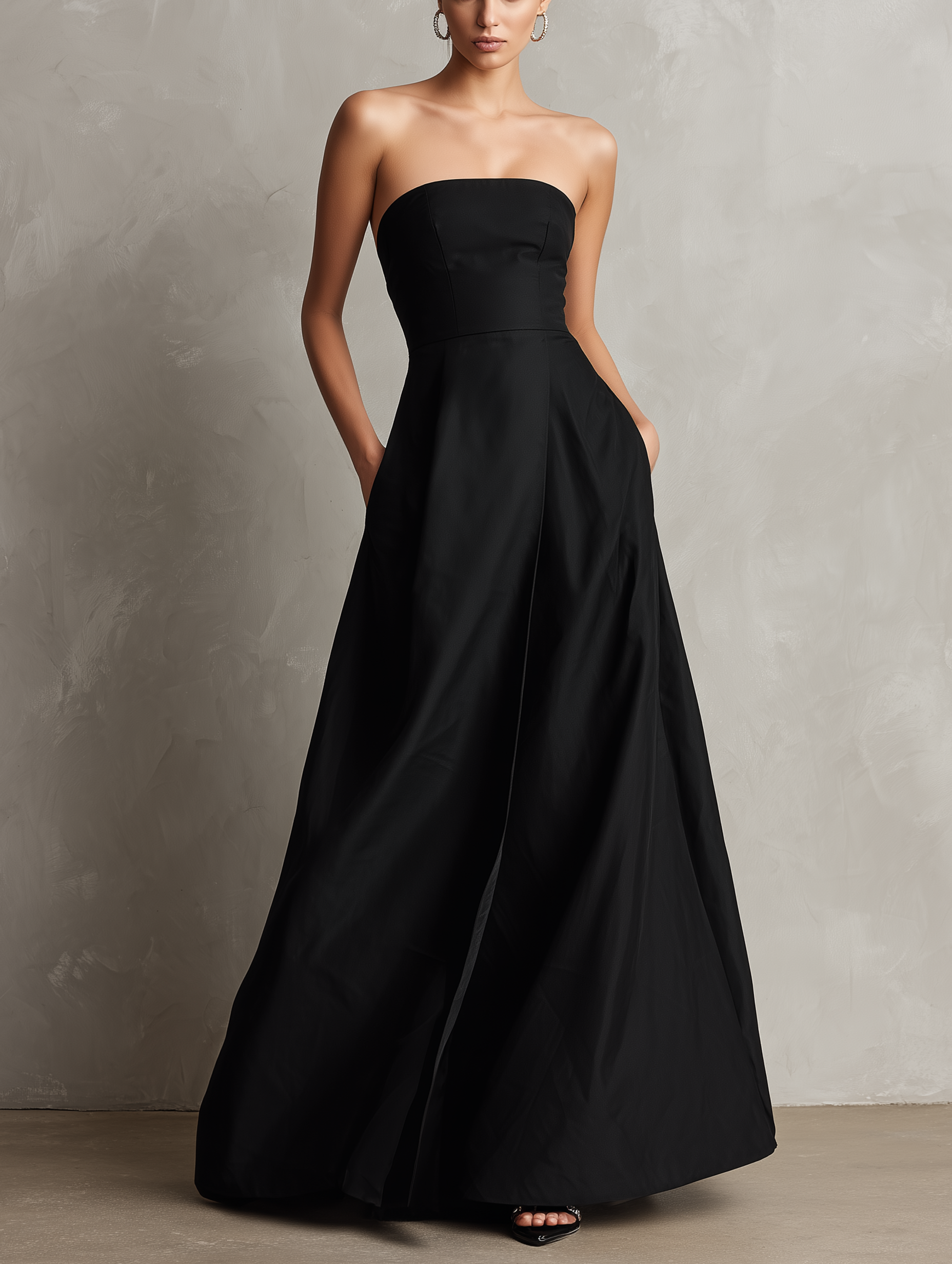 Women's Elegant Black Woven Strapless Sleeveless Evening Gown MDZ1895F6LXY
