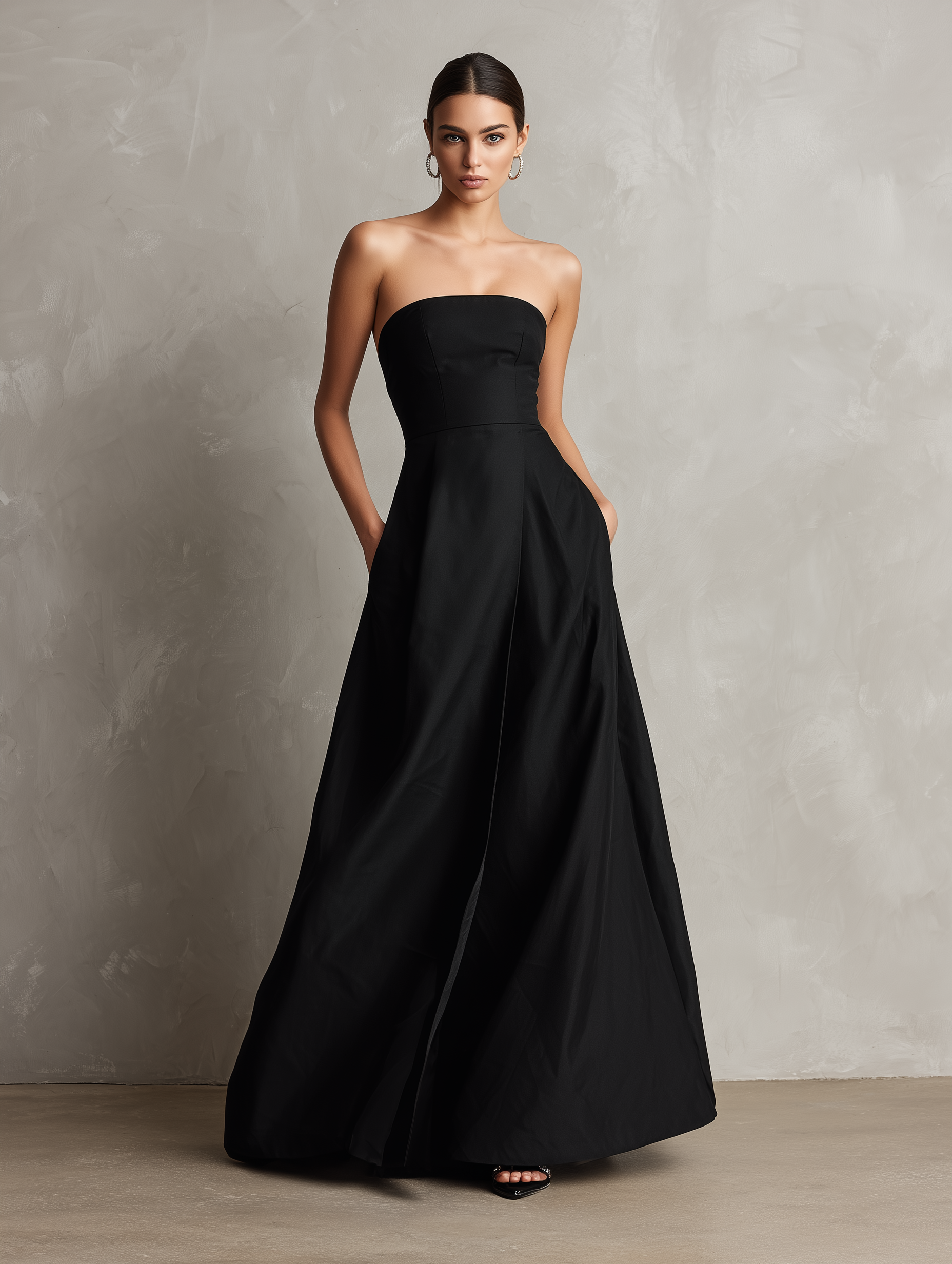 Women's Elegant Black Woven Strapless Sleeveless Evening Gown MDZ1895F6LXY