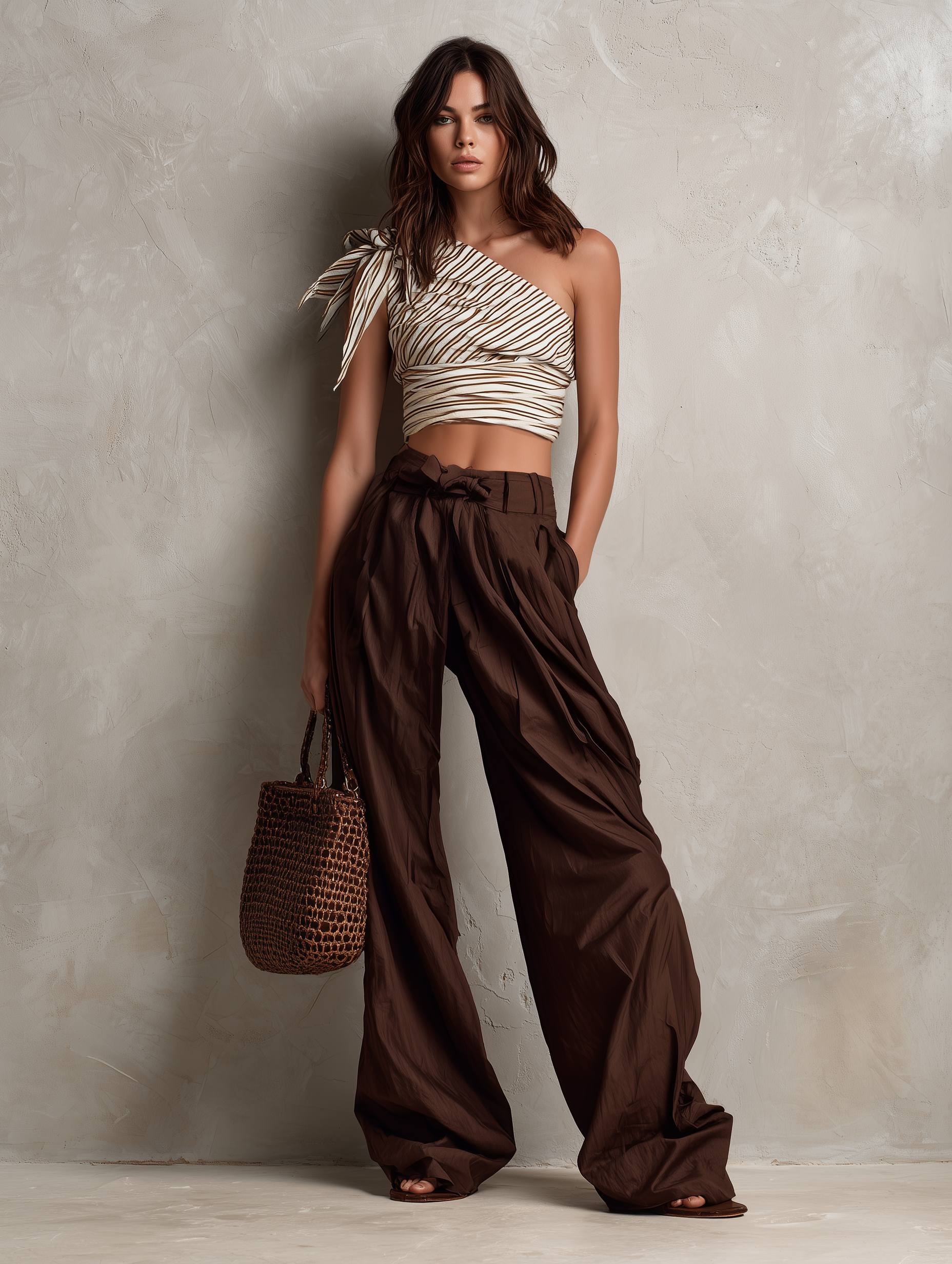 Women's Casual Striped Woven One-shoulder Sleeveless Top Paired With Brown Woven Trousers MDZ1882F8LXY