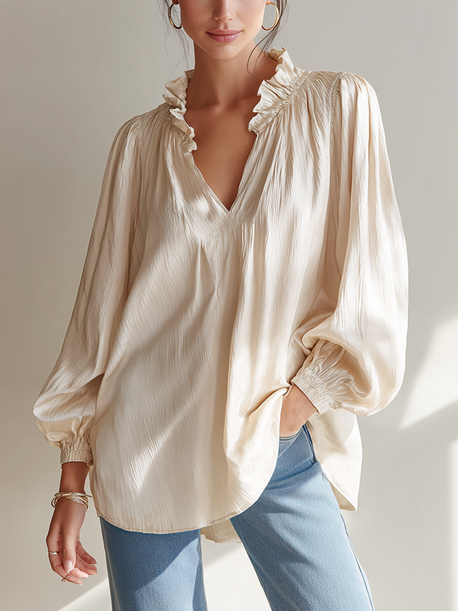 Women's Casual Beige Textured Ruffle V-Neck Lantern-Sleeve Top MDZ2242F0ZRK