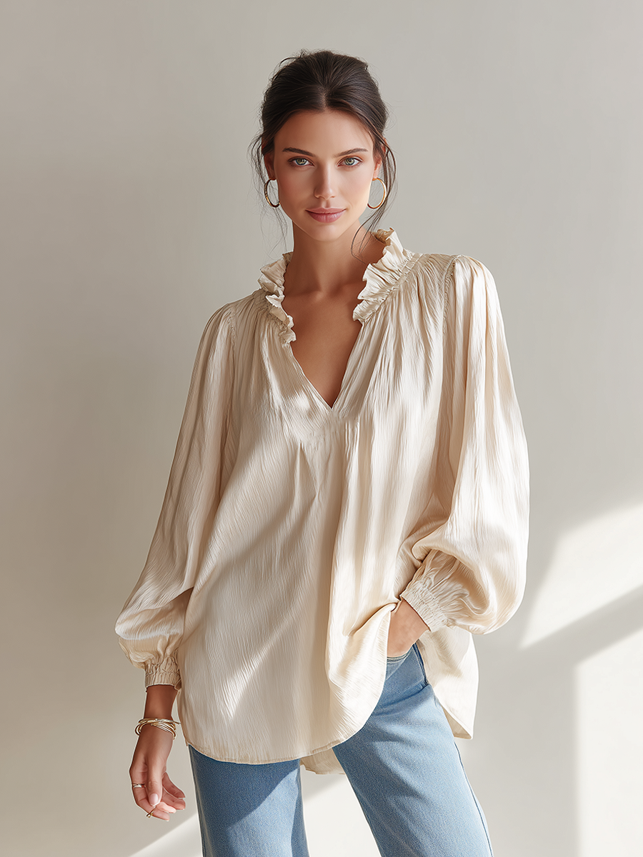 Women's Casual Beige Textured Ruffle V-Neck Lantern-Sleeve Top MDZ2242F0ZRK