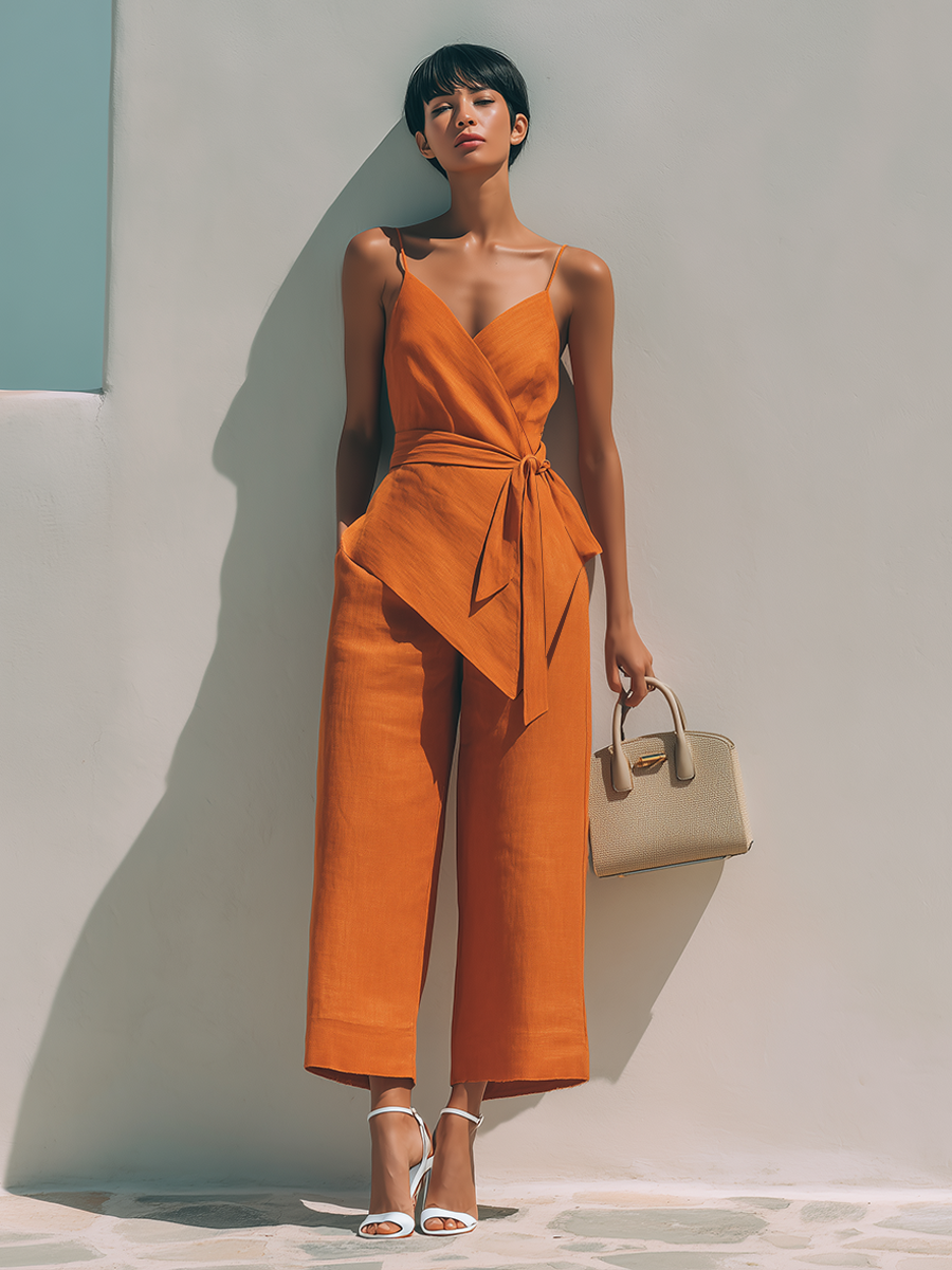 Women's Minimalist Linen-Blend Wrap-Front V-Neck Tie-Waist Sleeveless Cropped Jumpsuit MDZ2221F2ZRK