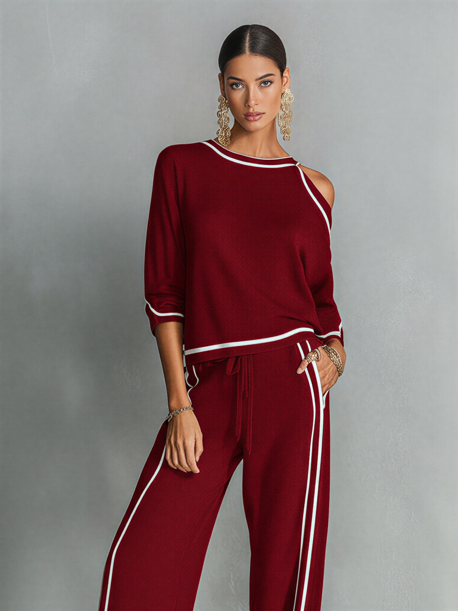 Women's Burgundy Soft Knit Two-Piece Set With One Cold Shoulder Striped Top & Side Stripe Drawstring Wide Leg Pants, Chic Sporty Casual Outfit MDZ2201F8LYL