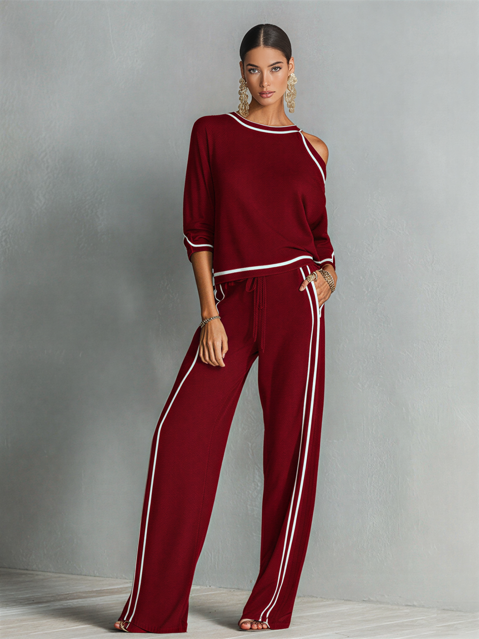 Women's Burgundy Soft Knit Two-Piece Set With One Cold Shoulder Striped Top & Side Stripe Drawstring Wide Leg Pants, Chic Sporty Casual Outfit MDZ2201F8LYL