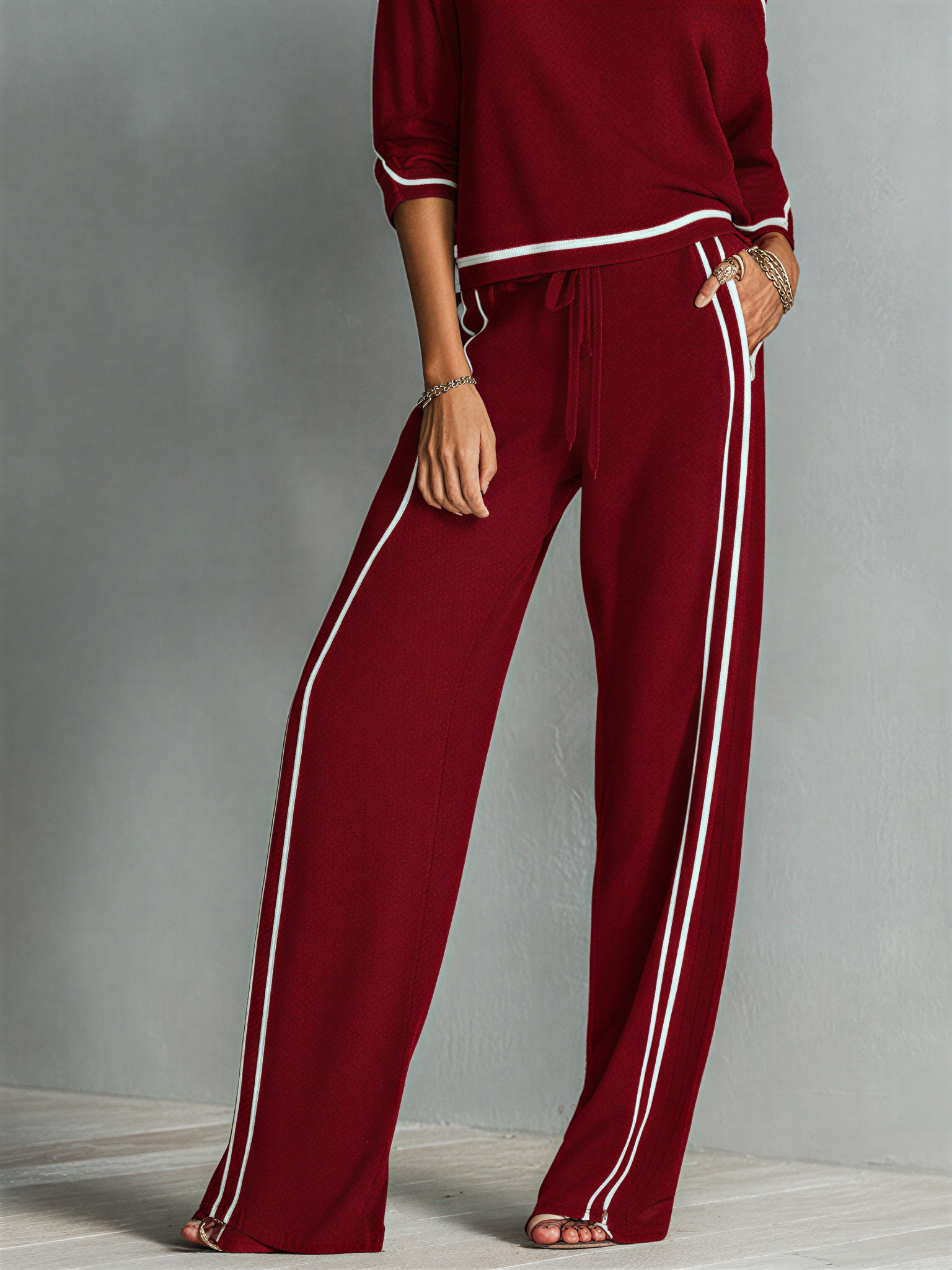 Women's Burgundy Soft Knit Two-Piece Set With One Cold Shoulder Striped Top & Side Stripe Drawstring Wide Leg Pants, Chic Sporty Casual Outfit MDZ2201F8LYL