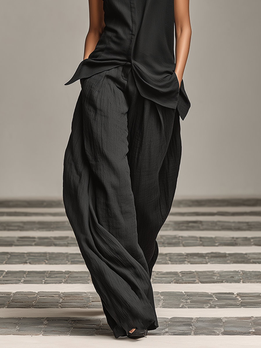 Women's Solid Black Textured Linen Co-Ord With Split Collar Waist Twist Vest & Deep Pocket Baggy Palazzo Pants, Modern Effortless-Chic Daily Outfit MDZ2240F7LYL