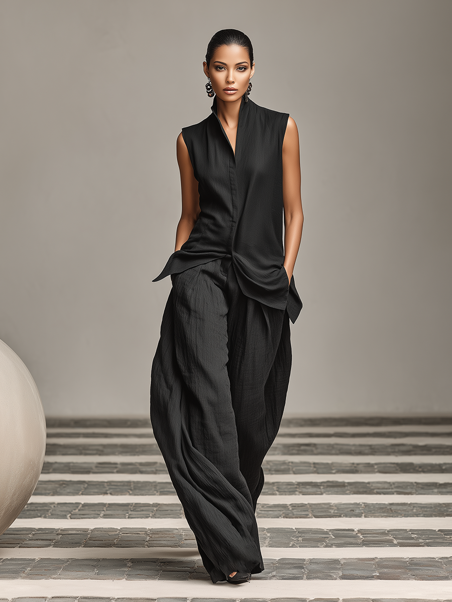 Women's Solid Black Textured Linen Co-Ord With Split Collar Waist Twist Vest & Deep Pocket Baggy Palazzo Pants, Modern Effortless-Chic Daily Outfit MDZ2240F7LYL
