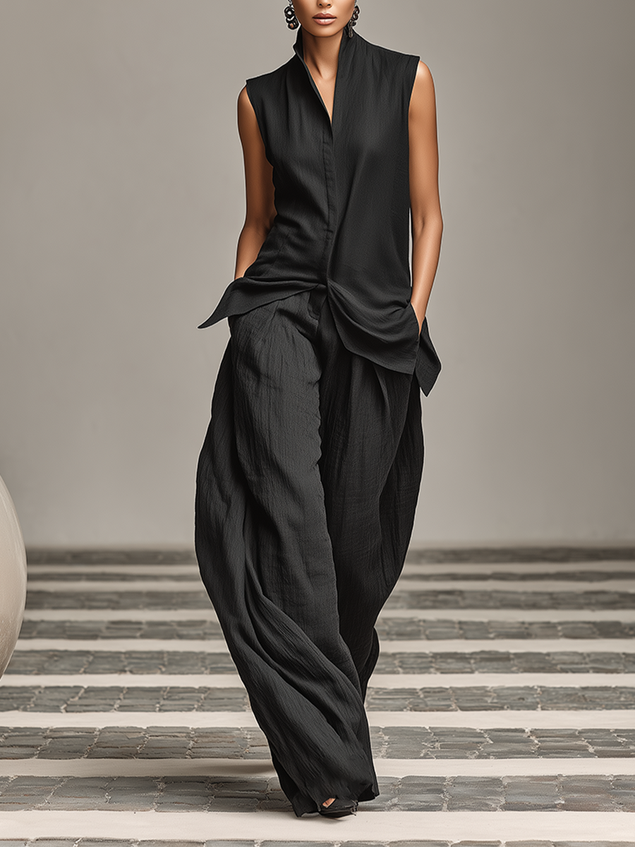Women's Solid Black Textured Linen Co-Ord With Split Collar Waist Twist Vest & Deep Pocket Baggy Palazzo Pants, Modern Effortless-Chic Daily Outfit MDZ2240F7LYL