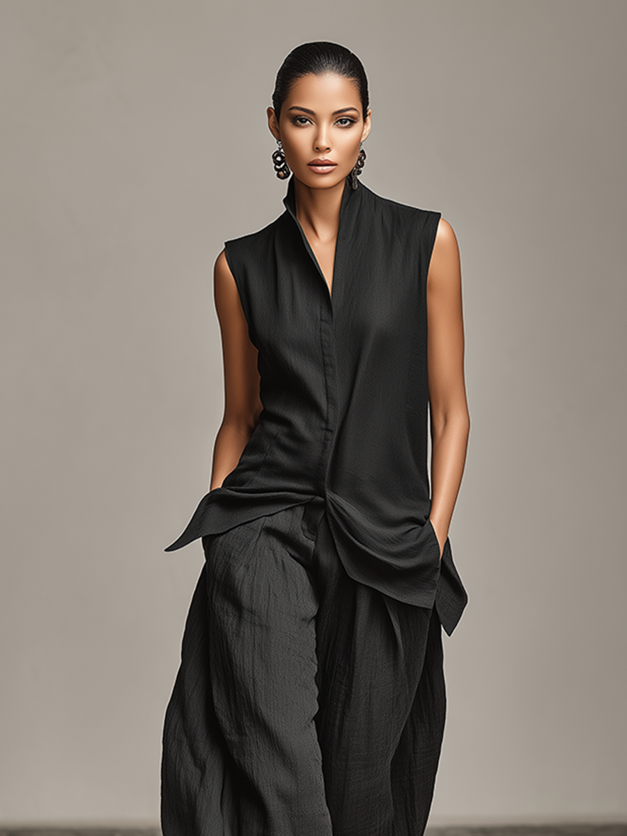 Women's Solid Black Textured Linen Co-Ord With Split Collar Waist Twist Vest & Deep Pocket Baggy Palazzo Pants, Modern Effortless-Chic Daily Outfit MDZ2240F7LYL