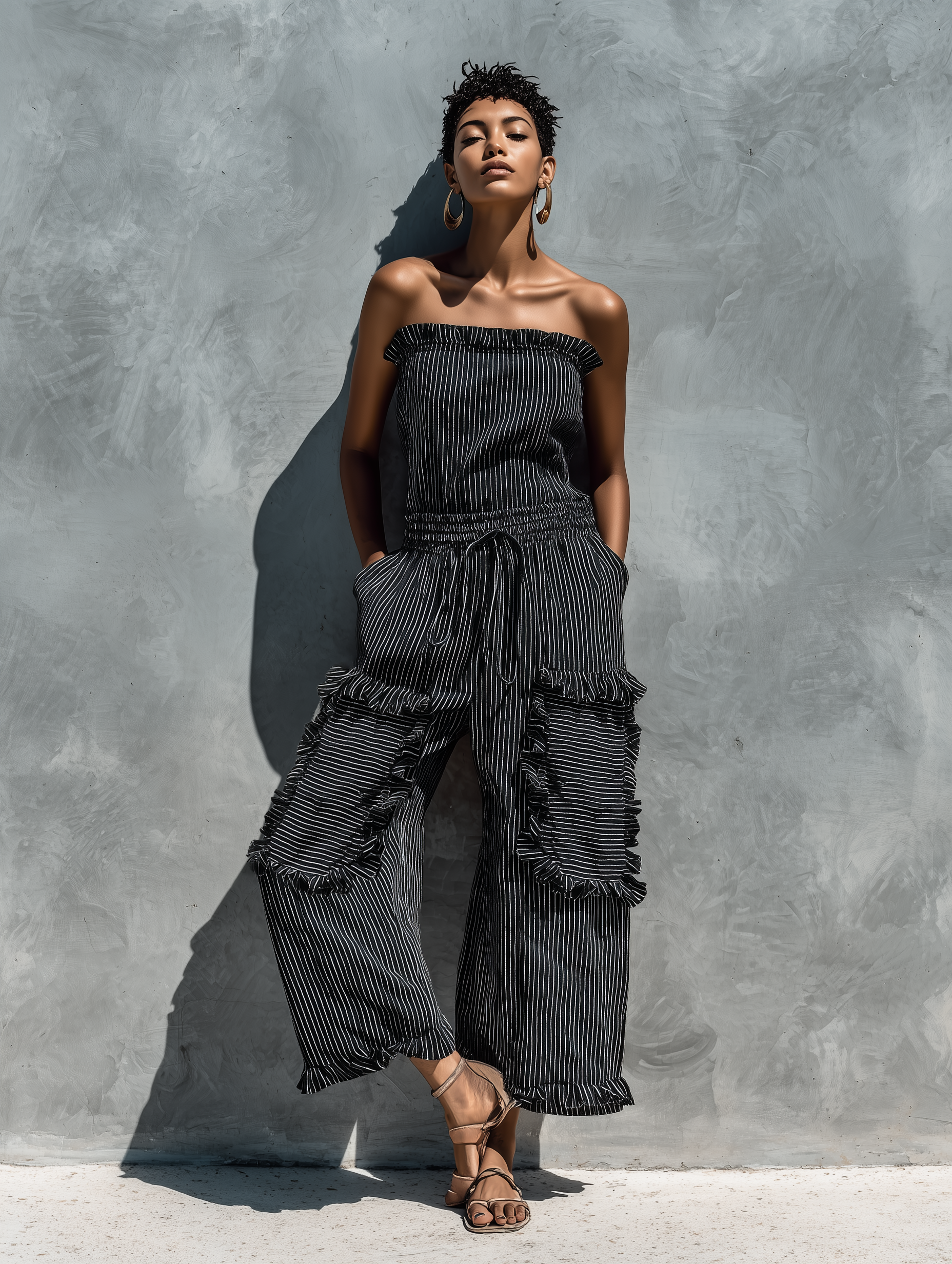 Women's Black And White Striped Lettuce-Edge Cropped Jumpsuit MDZ2276F1T