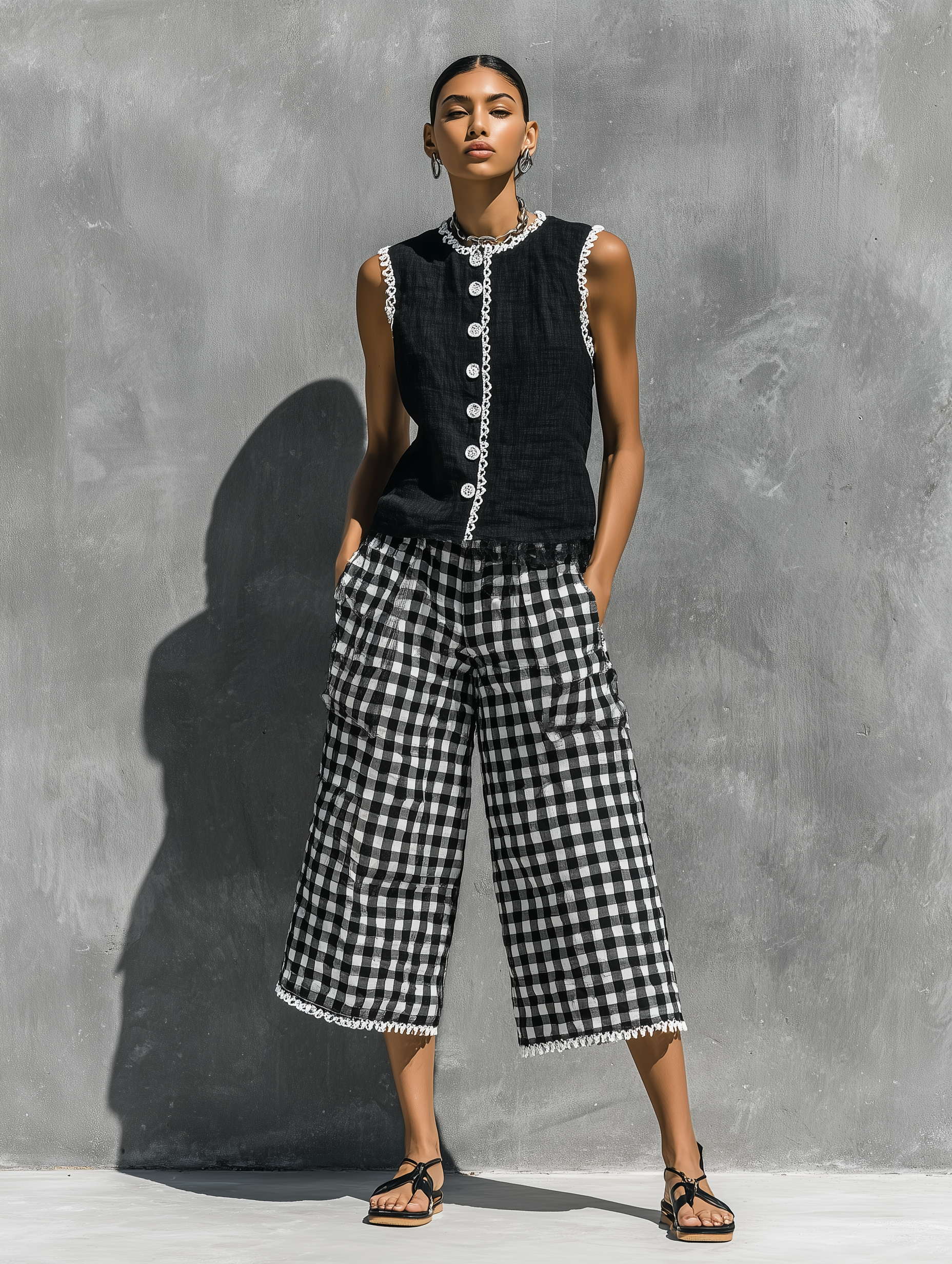 Women’s Black Lace Trim Sleeveless Button Down Vest & Black White Gingham Lace Hem Wide Leg Cropped Pants Two-Piece Set With Side Pockets MDZ2264F7T