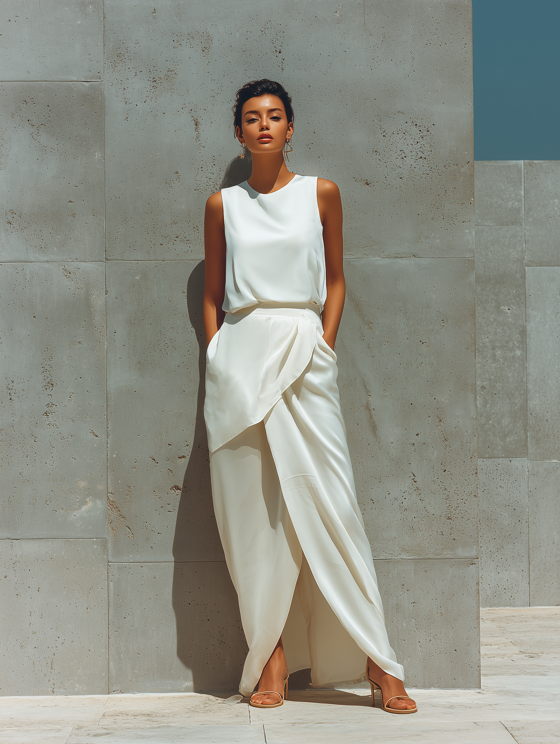 Women’s Cream Sleeveless Round Neck Satin Tank Top & High Waist Wrap Overlay Front Slit Maxi Skirt Two-Piece Set MDZ2282F6T