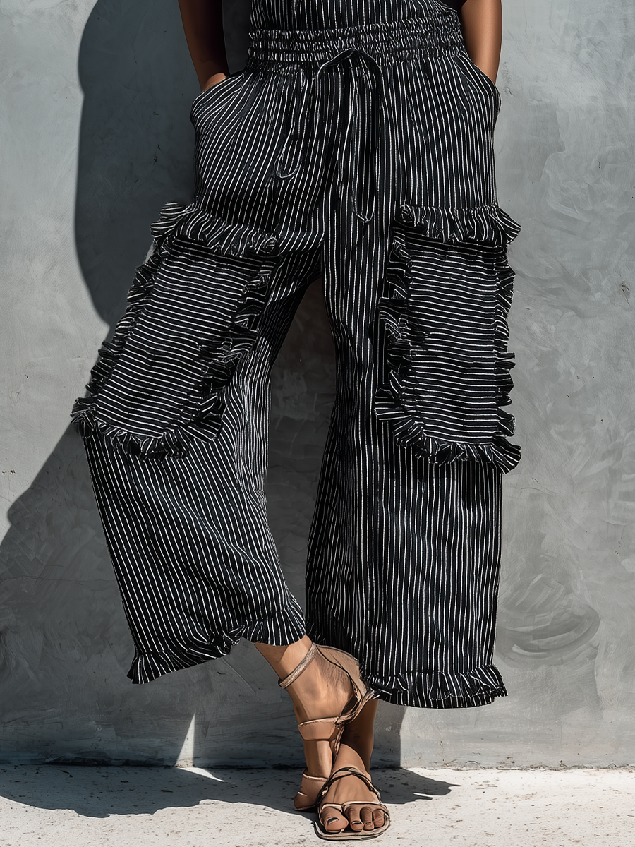 Women's Black And White Striped Lettuce-Edge Cropped Jumpsuit MDZ2276F1T