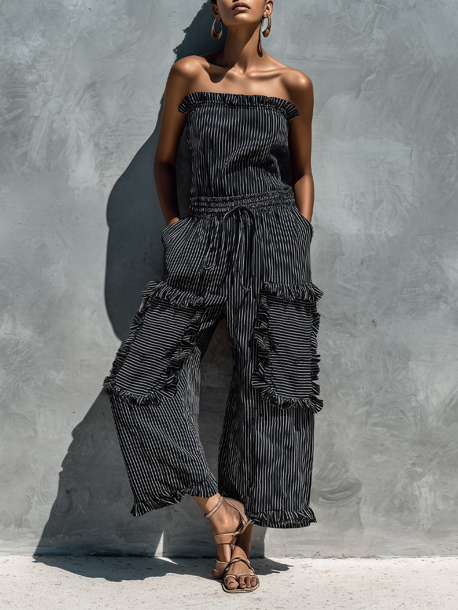 Women's Black And White Striped Lettuce-Edge Cropped Jumpsuit MDZ2276F1T