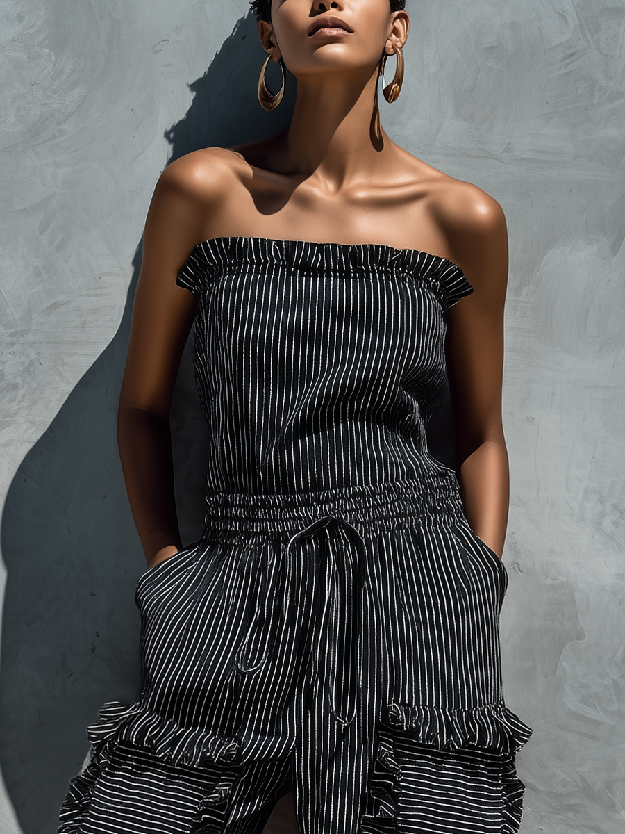 Women's Black And White Striped Lettuce-Edge Cropped Jumpsuit MDZ2276F1T