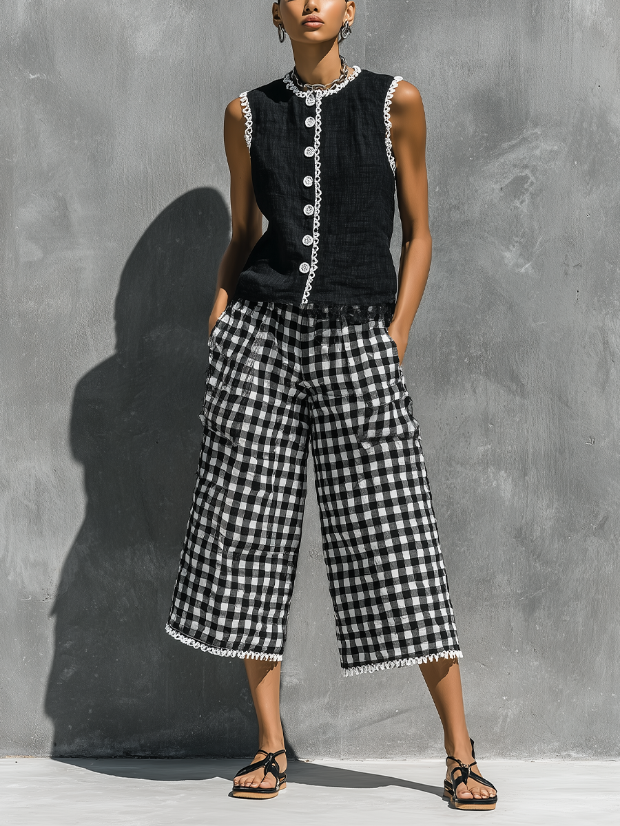 Women’s Black Lace Trim Sleeveless Button Down Vest & Black White Gingham Lace Hem Wide Leg Cropped Pants Two-Piece Set With Side Pockets MDZ2264F7T
