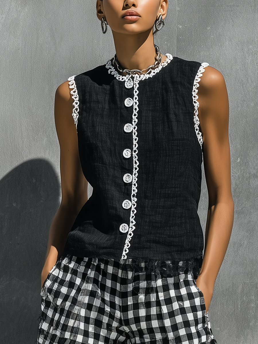 Women’s Black Lace Trim Sleeveless Button Down Vest & Black White Gingham Lace Hem Wide Leg Cropped Pants Two-Piece Set With Side Pockets MDZ2264F7T