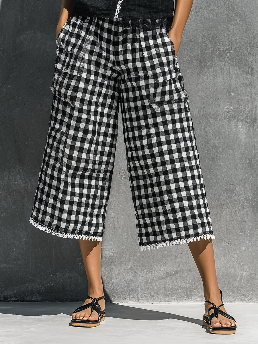 Women’s Black Lace Trim Sleeveless Button Down Vest & Black White Gingham Lace Hem Wide Leg Cropped Pants Two-Piece Set With Side Pockets MDZ2264F7T