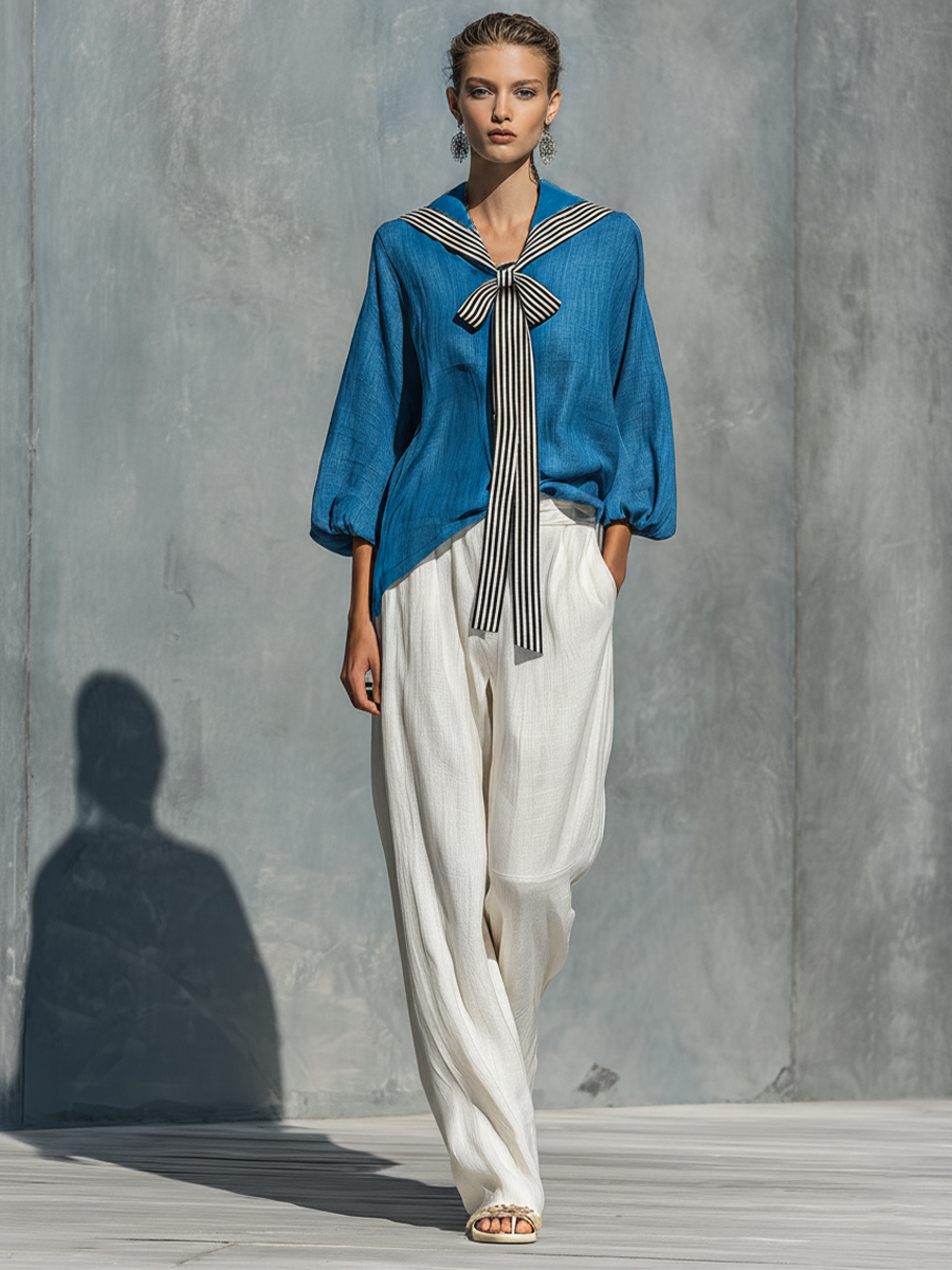 Women’s Blue Linen Sailor Collar Striped Bow Tie Puff 3/4 Sleeve Blouse & White High Waist Wide Leg Linen Pants Two-Piece Set MDZ2247F6T
