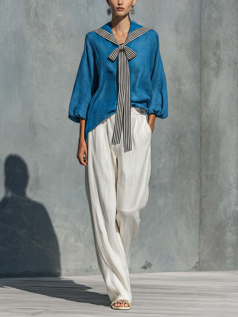Women’s Blue Linen Sailor Collar Striped Bow Tie Puff 3/4 Sleeve Blouse & White High Waist Wide Leg Linen Pants Two-Piece Set MDZ2247F6T