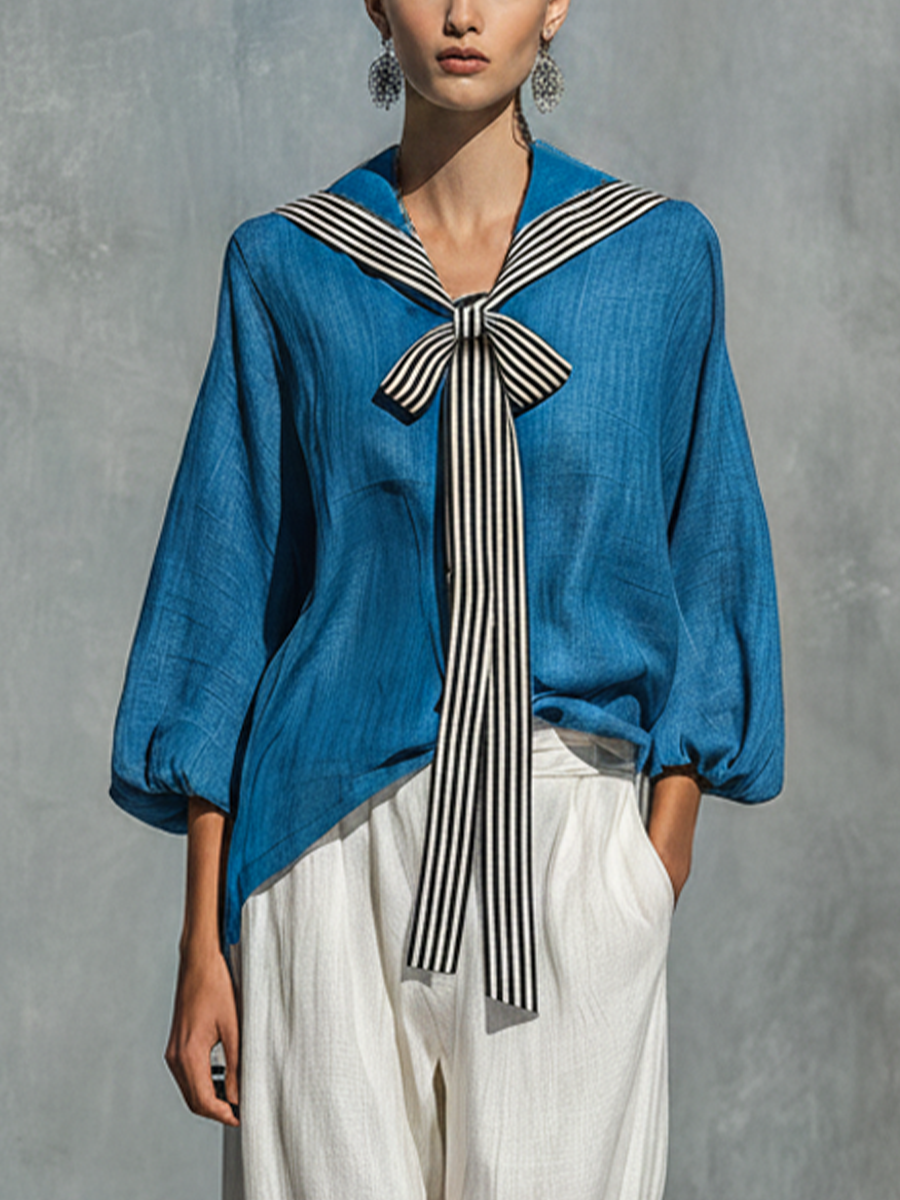 Women’s Blue Linen Sailor Collar Striped Bow Tie Puff 3/4 Sleeve Blouse & White High Waist Wide Leg Linen Pants Two-Piece Set MDZ2247F6T