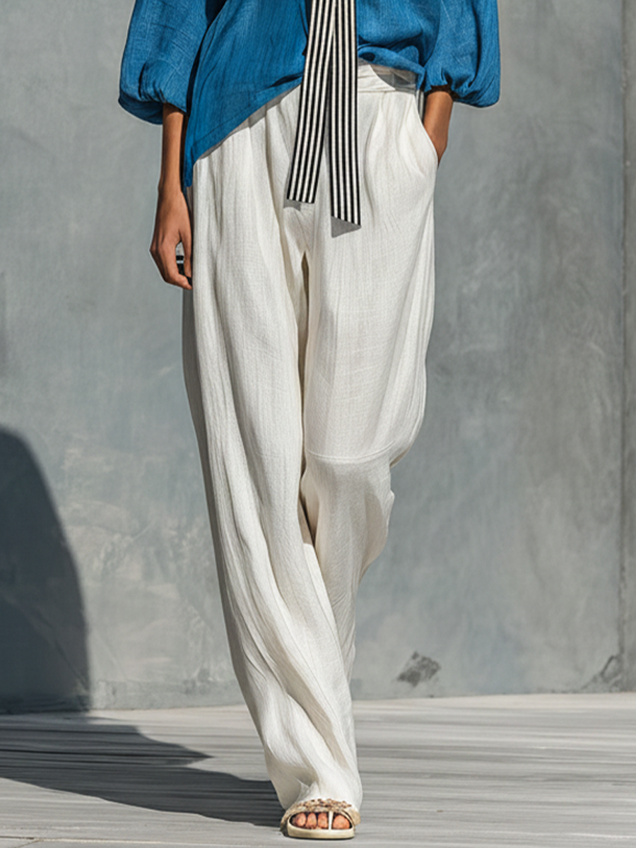 Women’s Blue Linen Sailor Collar Striped Bow Tie Puff 3/4 Sleeve Blouse & White High Waist Wide Leg Linen Pants Two-Piece Set MDZ2247F6T