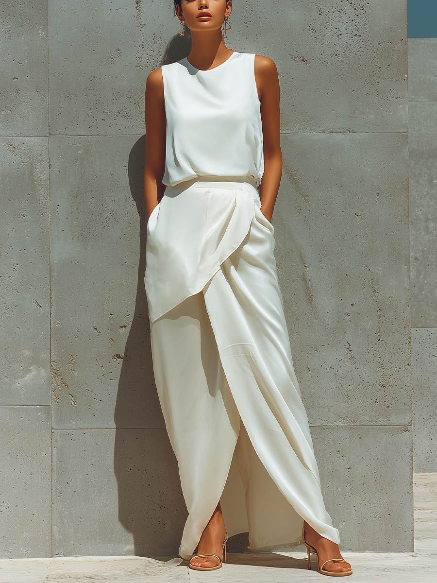 Women’s Cream Sleeveless Round Neck Satin Tank Top & High Waist Wrap Overlay Front Slit Maxi Skirt Two-Piece Set MDZ2282F6T
