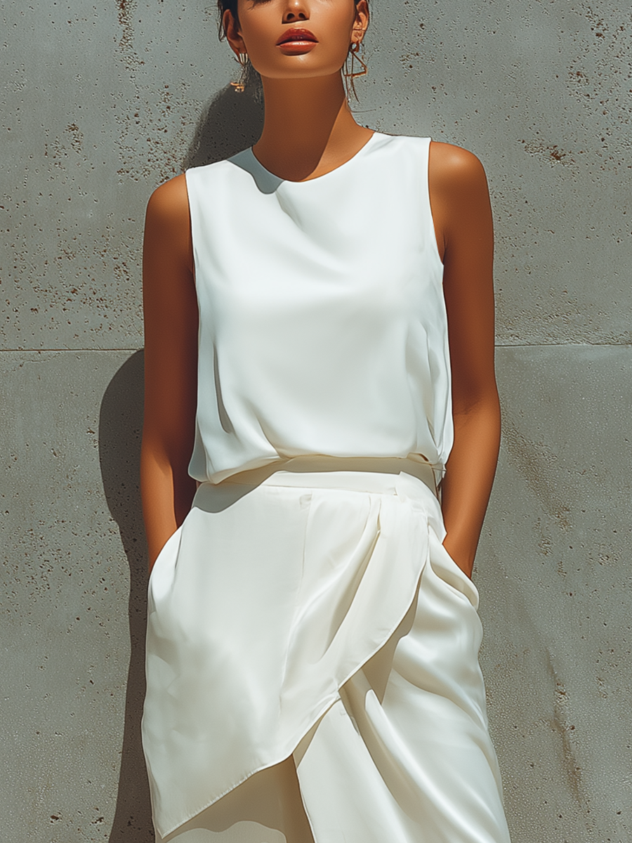 Women’s Cream Sleeveless Round Neck Satin Tank Top & High Waist Wrap Overlay Front Slit Maxi Skirt Two-Piece Set MDZ2282F6T