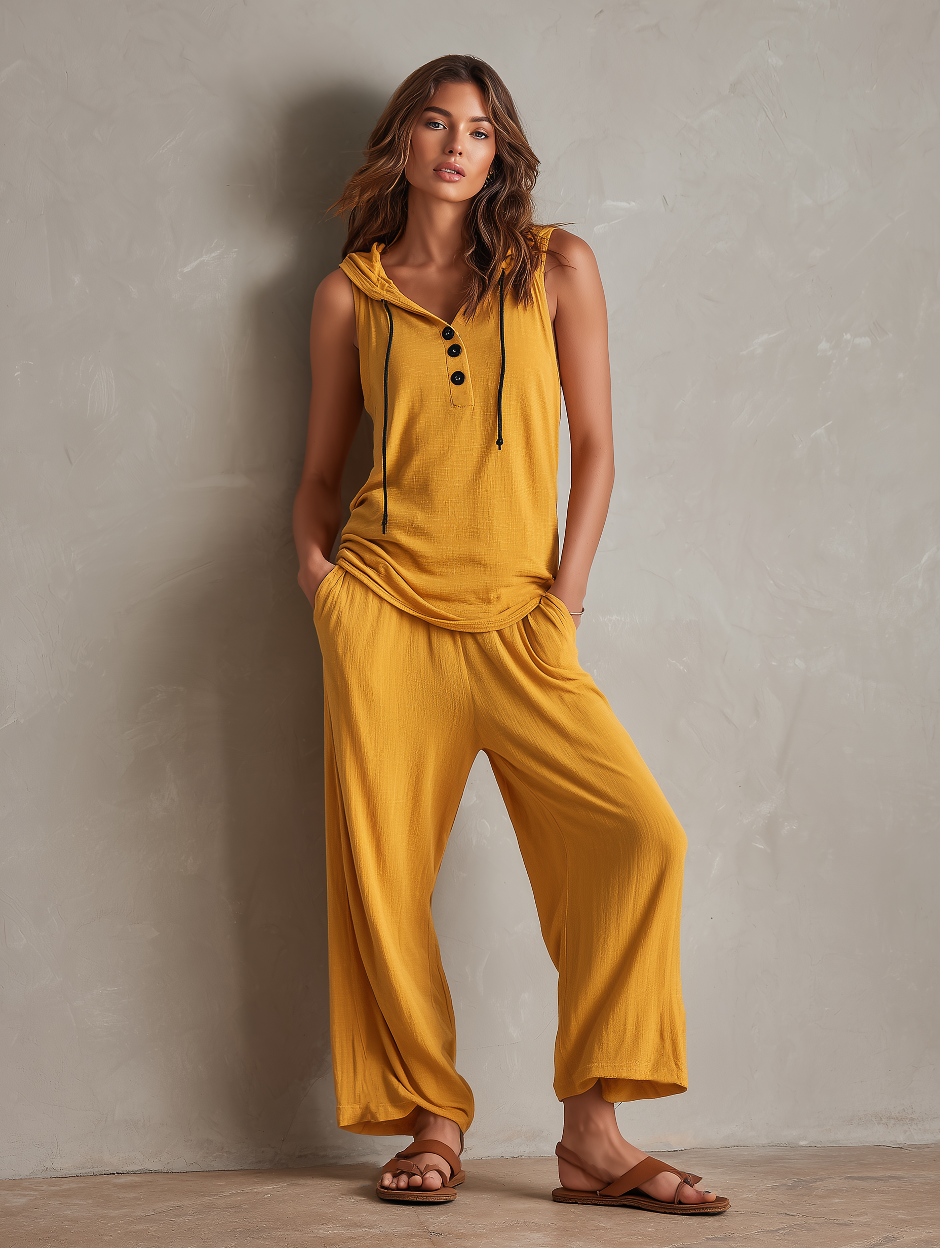 Women's Casual Ginger Yellow Stretch-knit Sleeveless Hooded Top Paired With Trousers MDZ2396F5LXY