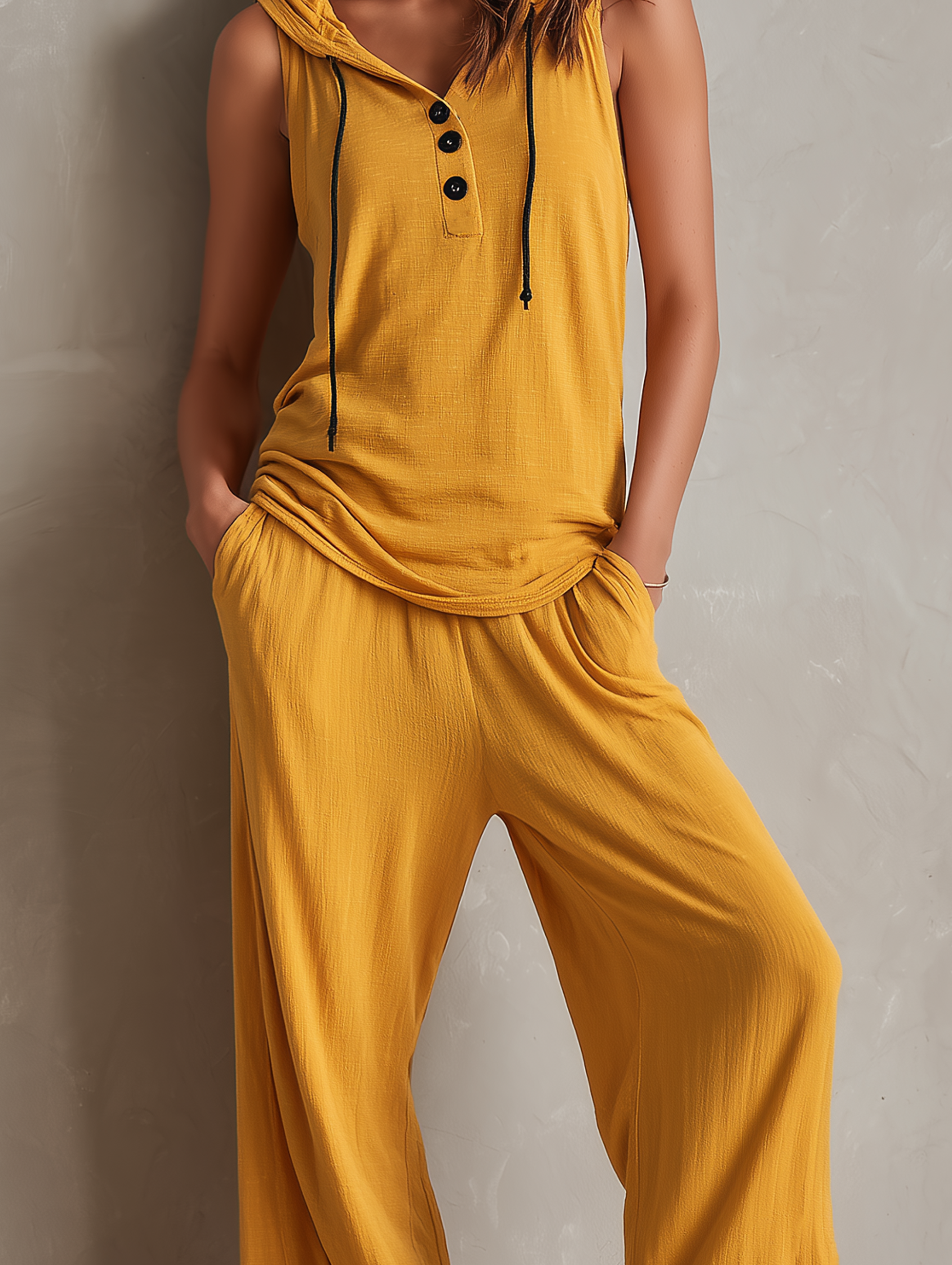 Women's Casual Ginger Yellow Stretch-knit Sleeveless Hooded Top Paired With Trousers MDZ2396F5LXY