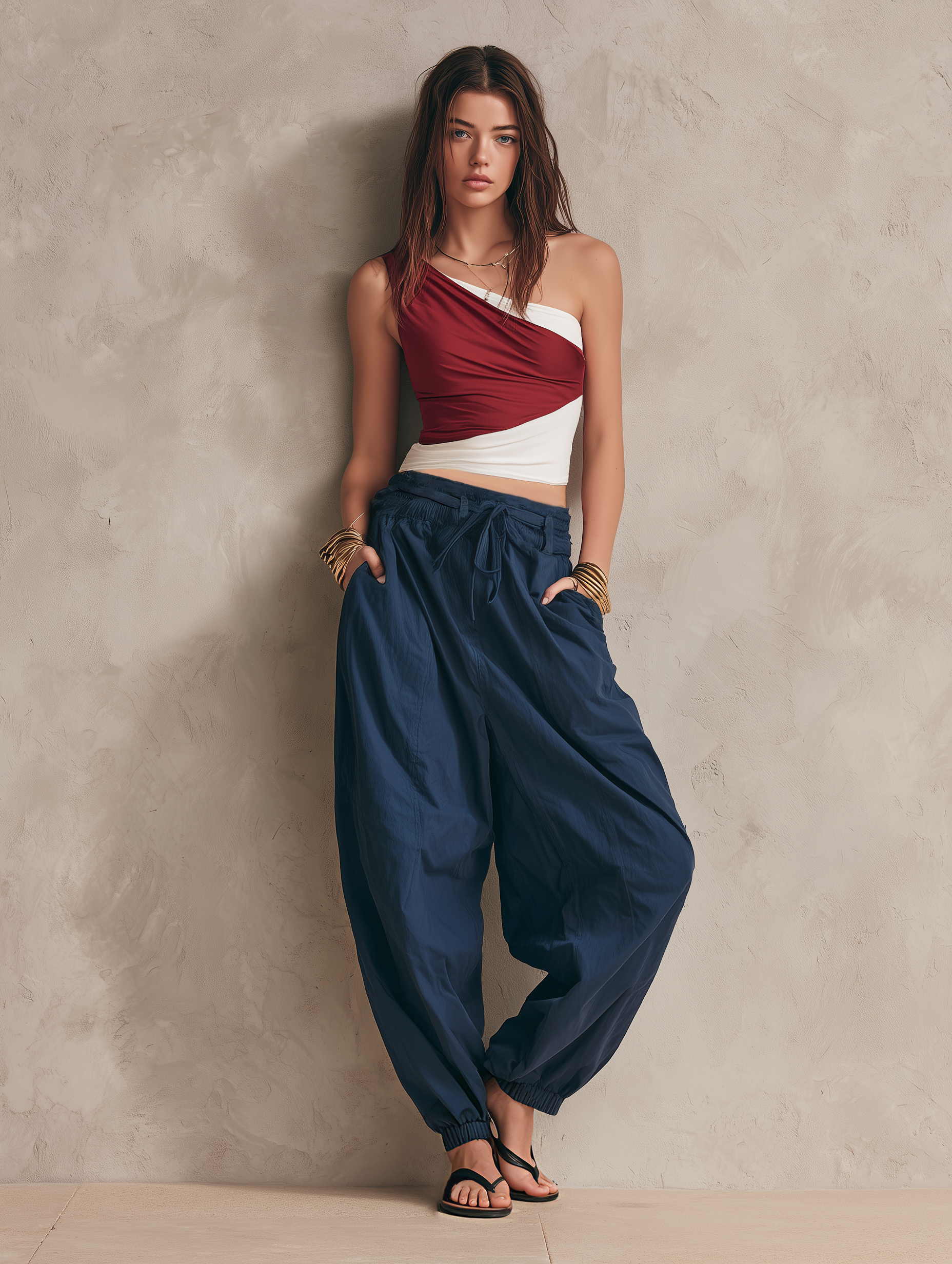 Women's Casual Red And White Stretch-knit One-shoulder Sleeveless Top Paired With Dark Blue Woven Trousers MDZ2313F7LXY