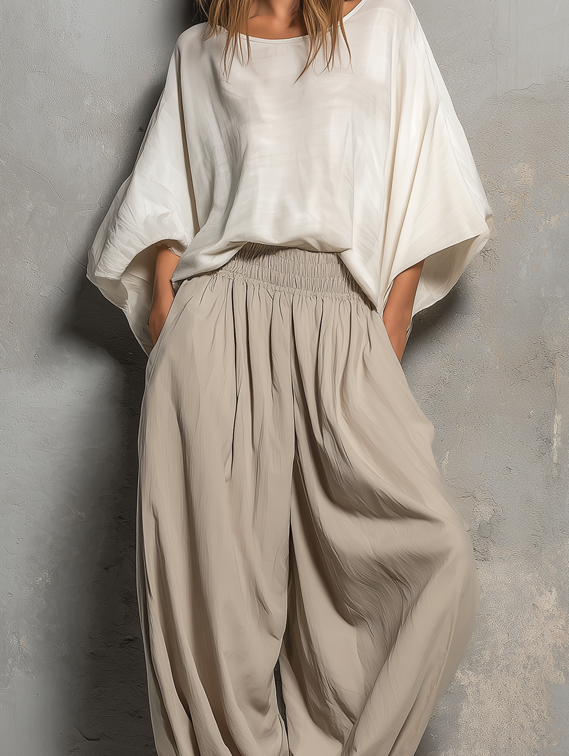 Women's Casual White Woven Round-neck Batwing-sleeve Top Paired With Khaki Woven Trousers MDZ2314F0LXY