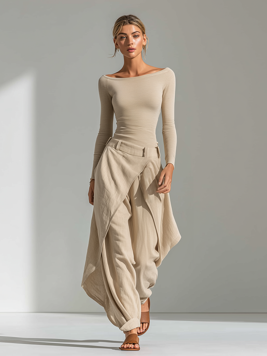 Women's Beige Ribbed Knit & Linen Two-Piece Set WithBoat Neck Top & Wrap Overlay Wide Leg Pants, Minimalist Neutral Resort Outfit MDZ2322F9LYL