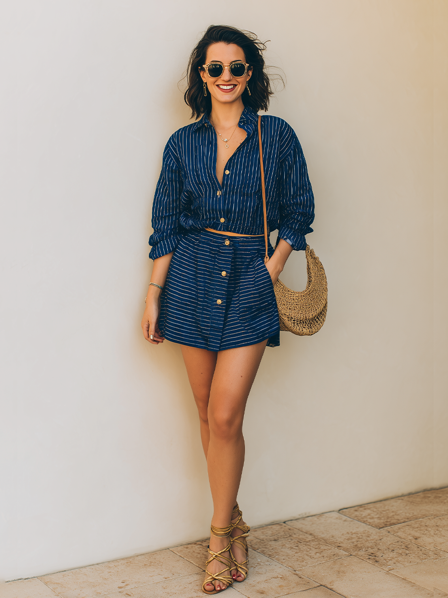 Women's Navy Striped Cotton-Blend Two-Piece Set With Collar Long Sleeve Shirt & Front Button Mini Skort, Boho Summer Resort Outfit MDZ2335F2LYL