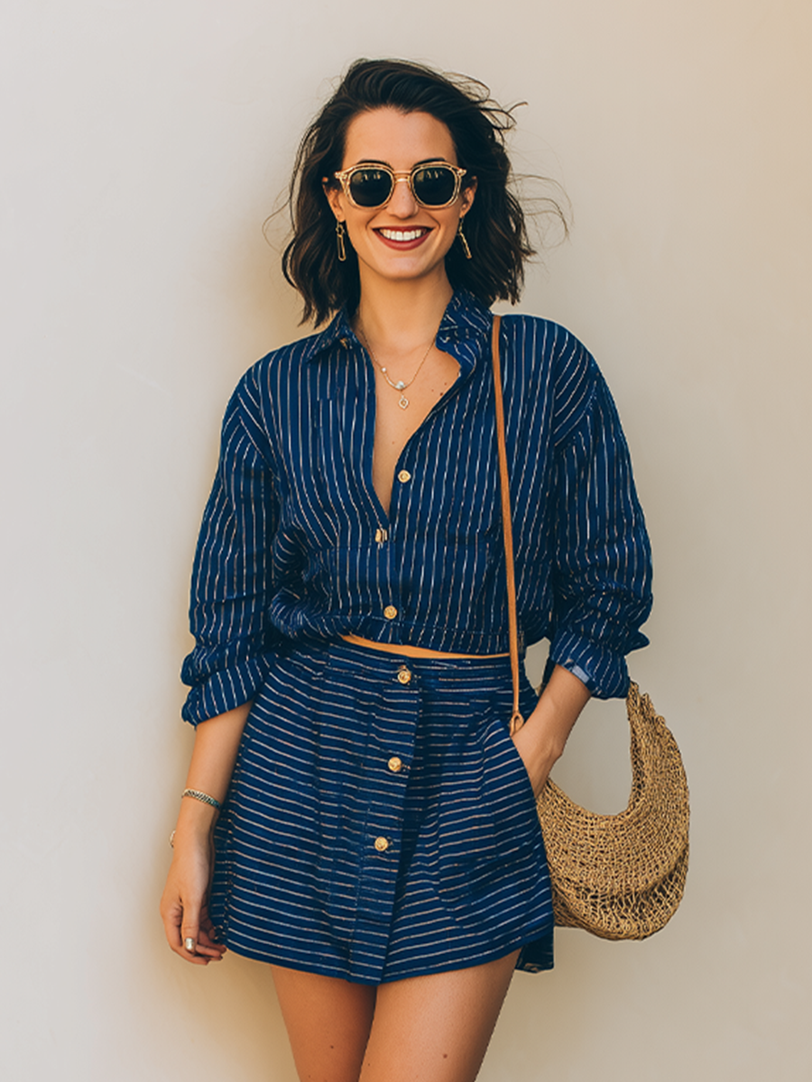 Women's Navy Striped Cotton-Blend Two-Piece Set With Collar Long Sleeve Shirt & Front Button Mini Skort, Boho Summer Resort Outfit MDZ2335F2LYL