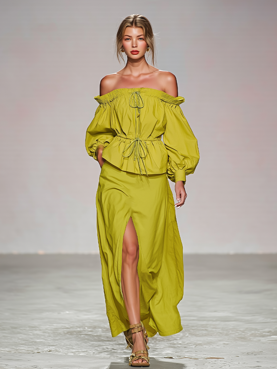 Women's Lime Green Cotton Two-Piece Set With Off Shoulder Puff Sleeve Drawstring Top & High Slit Maxi Skirt, Romantic Boho Summer Resort Outfit MDZ2308F4LYL