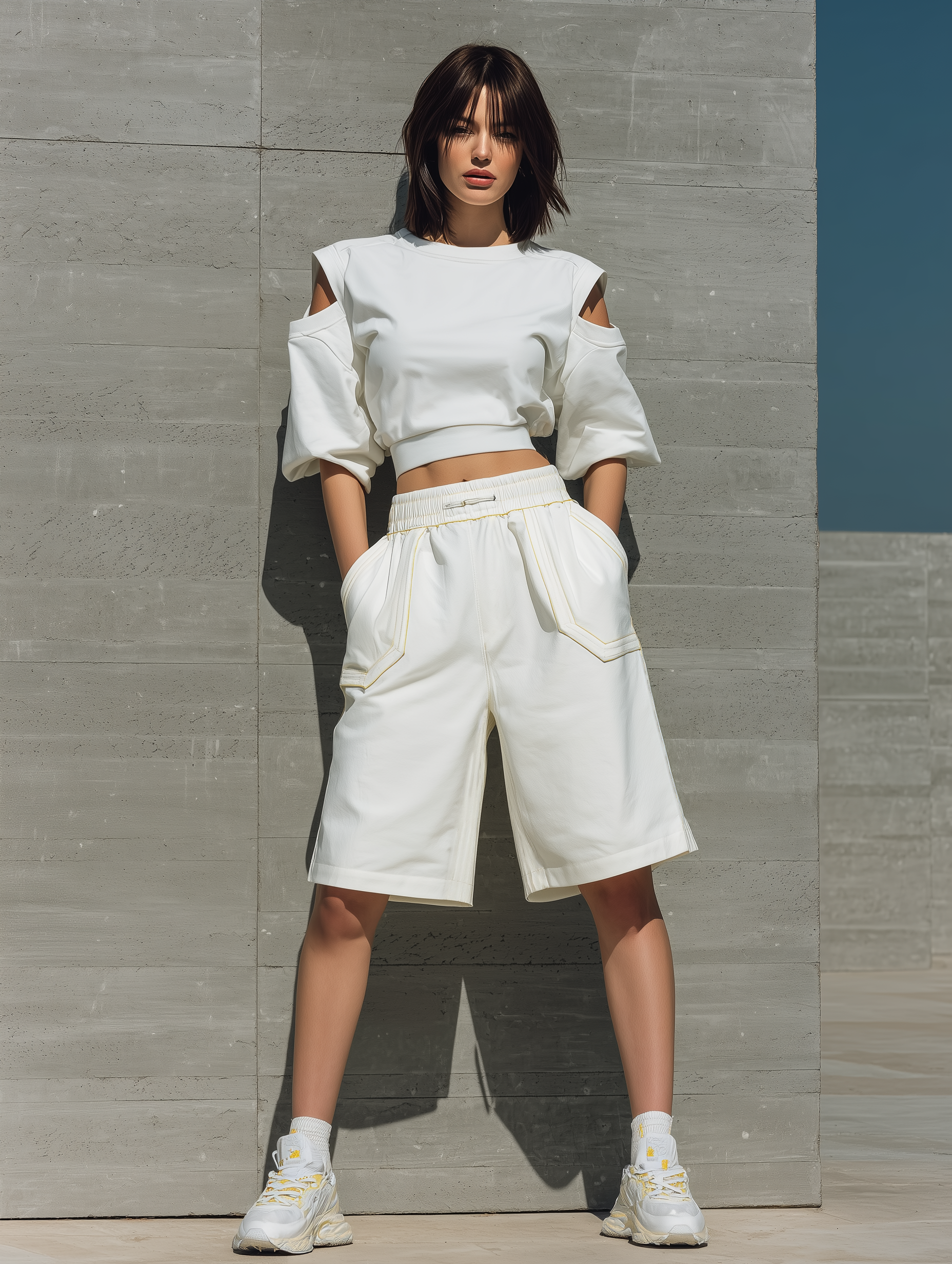 Women’s White Crew Neck Cut Out Shoulder Puff Sleeve Cropped Sweatshirt & Elastic Waist Yellow Stitch Detail Wide Leg Bermuda Shorts Two-Piece Set MDZ2349F3T
