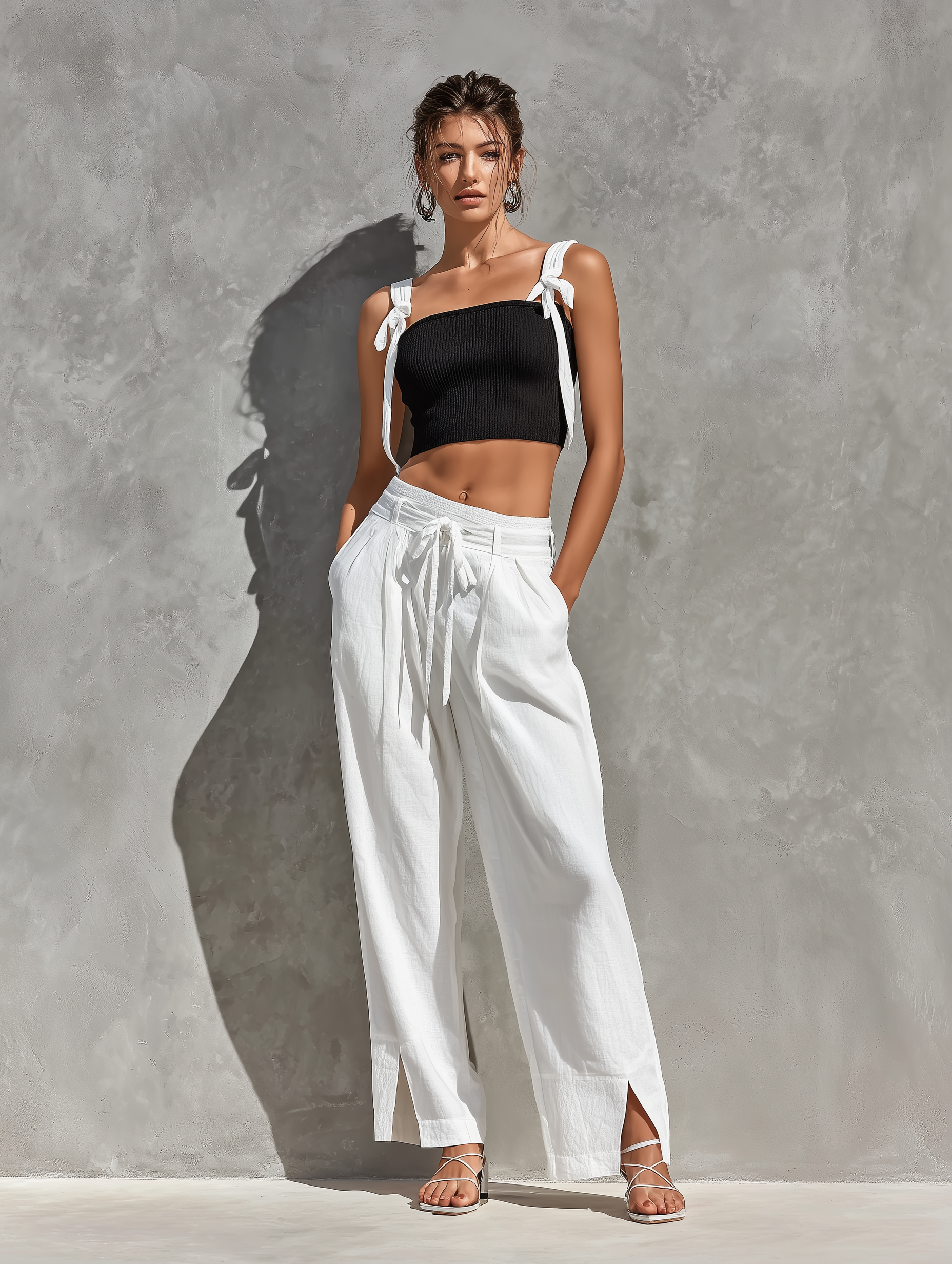 Women’s Black Ribbed Knit Tie Strap Square Neck Crop Cami Top & White Linen Tie Waist Pleated Side Slit Wide Leg Pants Two-Piece Set MDZ2334F9T