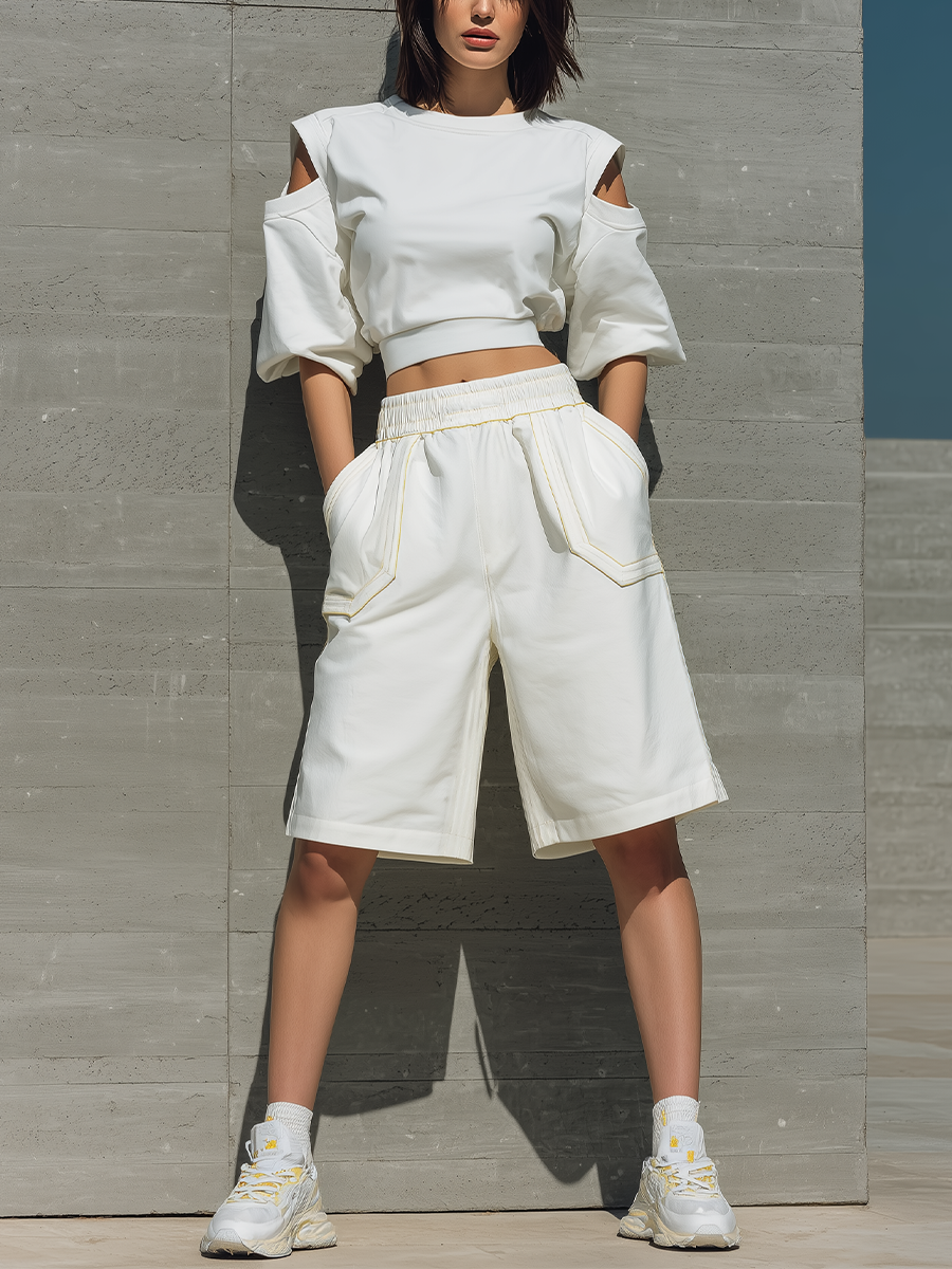Women’s White Crew Neck Cut Out Shoulder Puff Sleeve Cropped Sweatshirt & Elastic Waist Yellow Stitch Detail Wide Leg Bermuda Shorts Two-Piece Set MDZ2349F3T