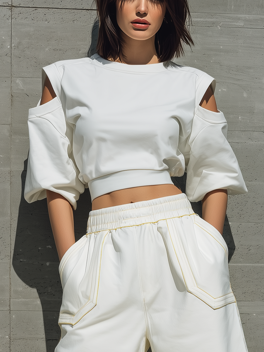Women’s White Crew Neck Cut Out Shoulder Puff Sleeve Cropped Sweatshirt & Elastic Waist Yellow Stitch Detail Wide Leg Bermuda Shorts Two-Piece Set MDZ2349F3T