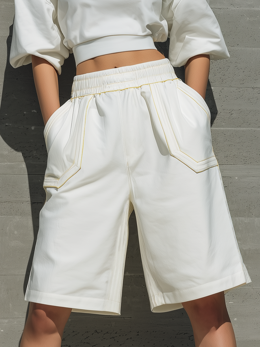 Women’s White Crew Neck Cut Out Shoulder Puff Sleeve Cropped Sweatshirt & Elastic Waist Yellow Stitch Detail Wide Leg Bermuda Shorts Two-Piece Set MDZ2349F3T