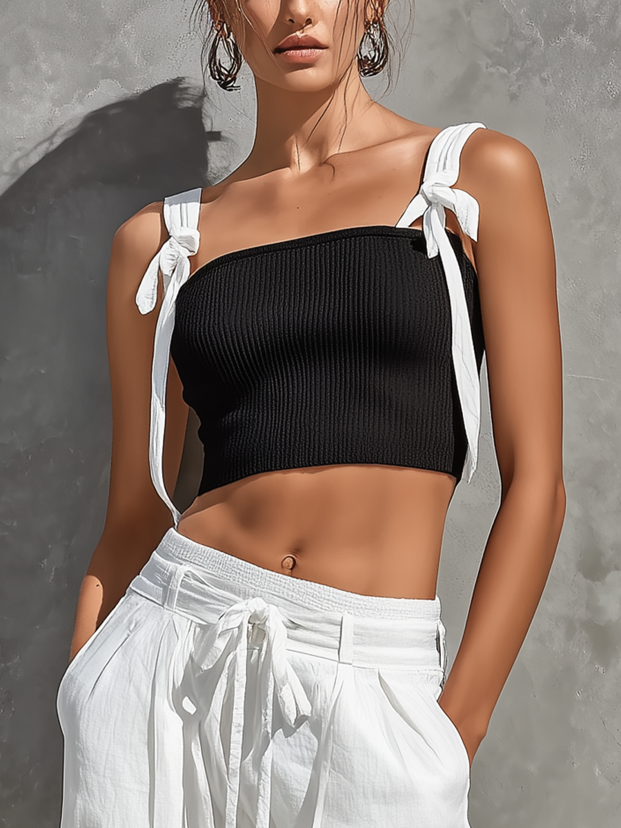 Women’s Black Ribbed Knit Tie Strap Square Neck Crop Cami Top & White Linen Tie Waist Pleated Side Slit Wide Leg Pants Two-Piece Set MDZ2334F9T