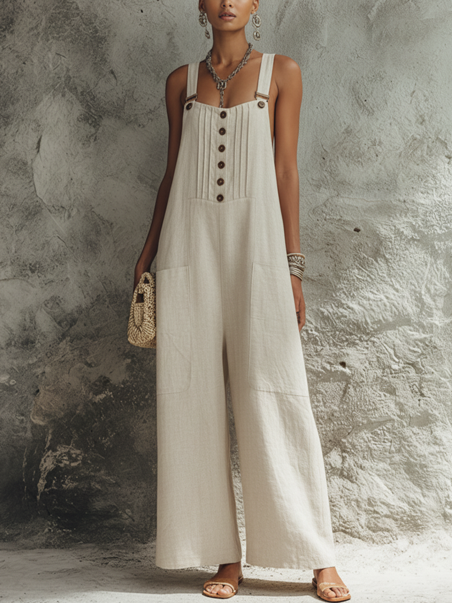 Women's Relaxed Style Beige Linen-Cotton Button Pleat Patch Pocket Strap Wide Leg Jumpsuit MDZ2369F4GMJ